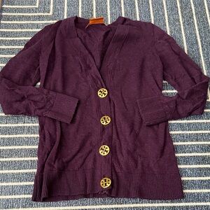 Tory Burch Plum Cardigan with Gold Accents 100% merino wool